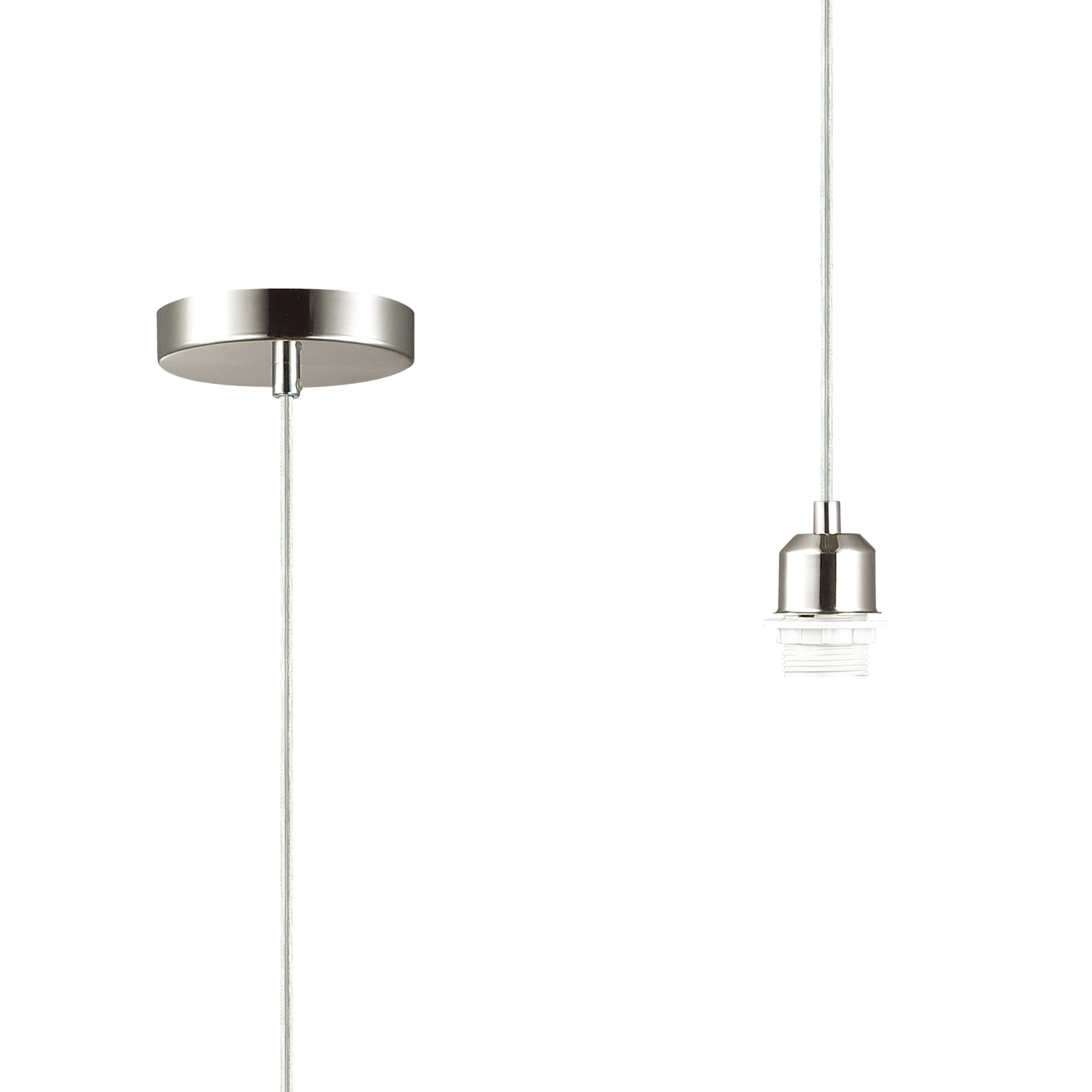 D0179  Dreifa 1.5m Single Pendant, 1 x E27, Satin Nickel/Clear Cable (Maximum Load 1.5kg)